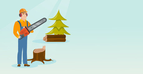 Canvas Print - Caucasian lumberjack holding chainsaw. Lumberjack in workwear, hard hat and headphones in forest near stump. Lumberjack chopping wood in forest. Vector flat design illustration. Horizontal layout.