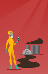 Poster - Woman in radiation protective suit standing on the background of nuclear power plant. Caucasian woman in radiation protective suit holding test-tube. Vector flat design illustration. Vertical layout.