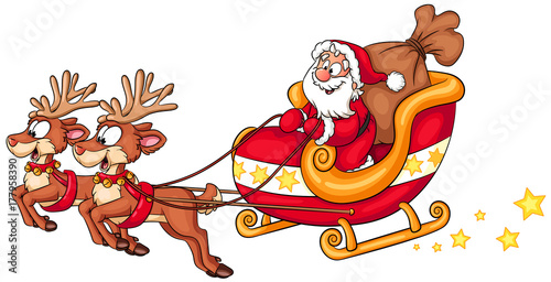 Weihnachtsmann im Schlitten mit Rentieren - Vektor-Illustration