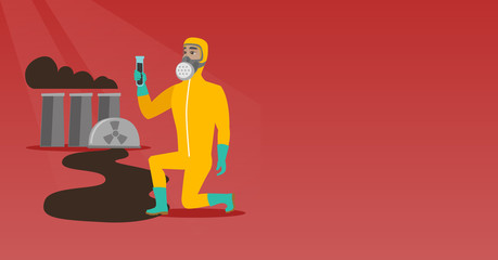 Poster - Young caucasian scientist in gas mask and radiation protective suit holding a test-tube with black liquid on the background of nuclear power plant. Vector flat design illustration. Horizontal layout.