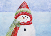 Painted Snowman With Knitted Hat And Scarf