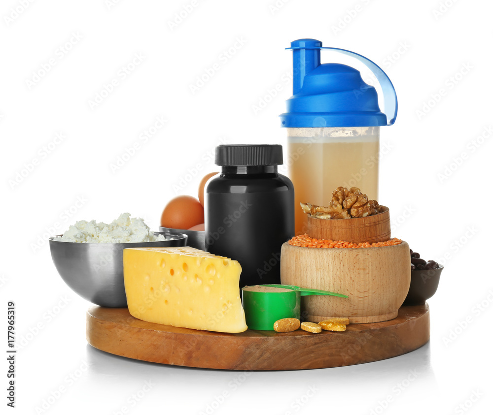 High protein food, powder and shake on white background