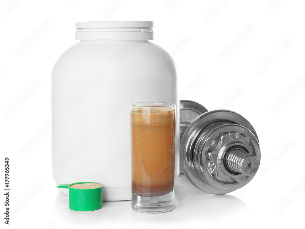 Jar, protein shake and dumbbell on white background