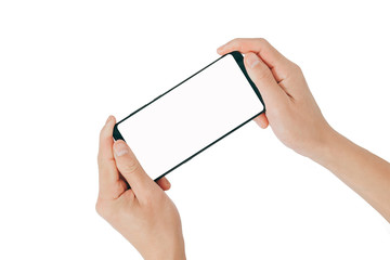 Poster - Smartphone Mock up,Hand holding mobile phone and using touching screen isolated on white background with clipping path for design
