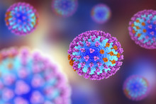 Influenza Virus. 3D Illustration Showing Surface Glycoprotein Spikes Hemagglutinin Purple And Neuraminidase Orange 