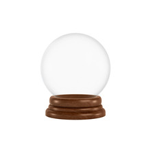3d Rendering Of A Clear Glass Sphere On A White Background Standing On A Wooden Base With Nothing Inside It.