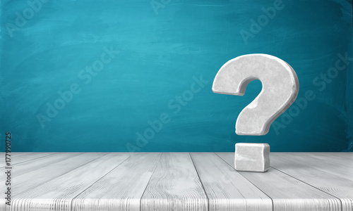 Fotomural 3d rendering of a grey-white question mark made of stone standing on a wooden table on blue background