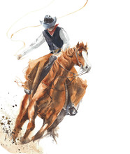 Cowboy Riding A Horse Ride Calf Roping Watercolor Painting Illustration Isolated On White Background