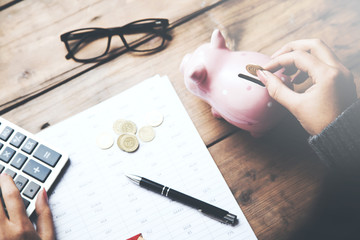 Wall Mural - Female hand putting coin in piggy bank, on the office desk