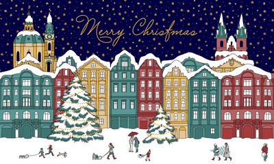 Sticker - Hand drawn illustration of a winter city at night time, with small people, cathedral and Christmas trees; golden stars in the background