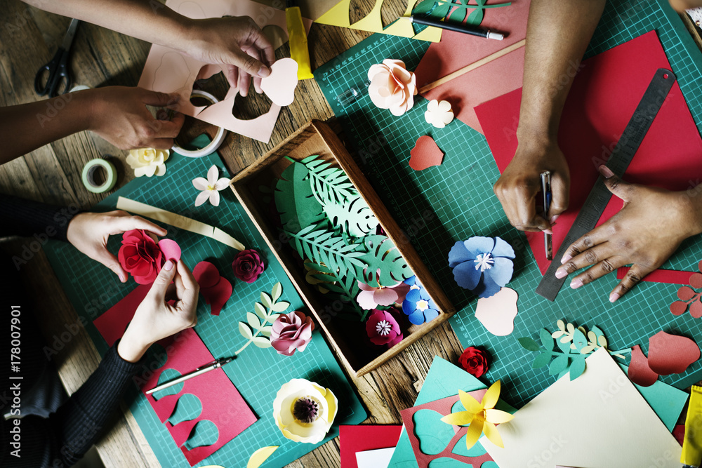 People Making Paper Flowers Craft Art Work Handicraft - obrazy, fototapety, plakaty 
