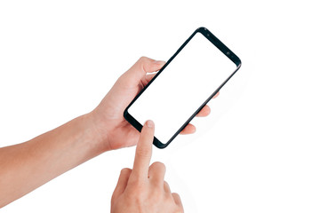 Poster - Smartphone Mock up,Hand holding mobile phone and using touching screen isolated on white background with clipping path for design