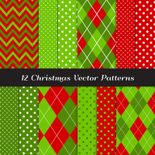 Christmas Red And Green Chevron, Argyle And Polka Dot Seamless Vector Patterns. Xmas Backgrounds. Pattern Tile Swatches Included.