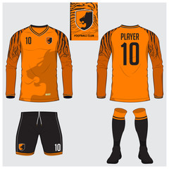 Long sleeve soccer jersey or football kit, short, sock template for sport club. Tiger stripes football t-shirt mock up. Front, back view soccer uniform. Flat football logo label. Vector Illustration.