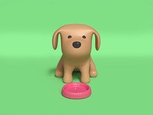 Green Background Brown Dog Sitting With Pink Dog Dish Cartoon Style 3d Rendering