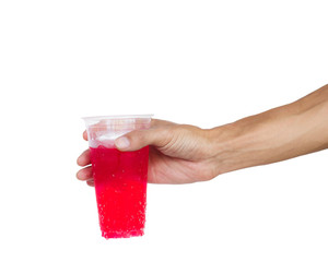 Wall Mural - Hand holding iced red water isolated on white background clipping path Sweet soda can provide energy to body. Sweet soda red color makes the body refreshing. Man's hand can handle a variety of things.