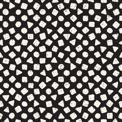 Hand drawn black and white ink abstract seamless pattern. Vector stylish grunge texture. Monochrome geometric scattered shapes lines