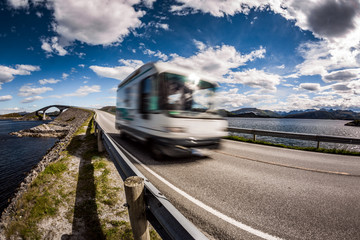 Norway. Caravan car travels on the highway.