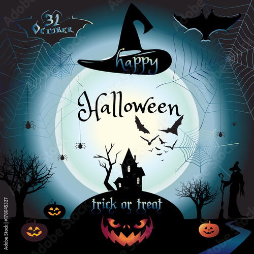 Halloween Night Background With Pumpkin Bat Spider Web Fantasy Forest House Frame Invitation Template Halloween Party Advertising Holiday Border Vector Illustration Buy This Stock Vector And Explore Similar Vectors At Adobe