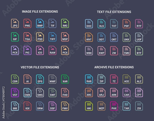 Fotografía Colored File extension flat vector icons