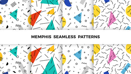 Set of bright geometric memphis patterns with wavy lines, triangles, circles, zig zags. 80s and 90s graphic design style. Vector seamless backgrounds.
