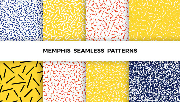 set of bright geometric memphis patterns with wavy lines, triangles, circles, zig zags. 80s and 90s 