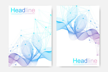 Scientific brochure design template. Vector flyer layout, Molecular structure with connected lines and dots. Scientific pattern atom DNA with elements for magazine, leaflet, cover, poster design.