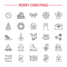 Christmas, New Year Flat Line Icons. Winter Holidays - Christmas Tree Gift, Snowman, Santa Claus, Fireworks, Angel. Vector Illustration, Signs For Celebration Xmas Party.
