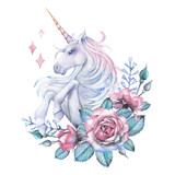 Watercolor design with unicorn and rose vignette