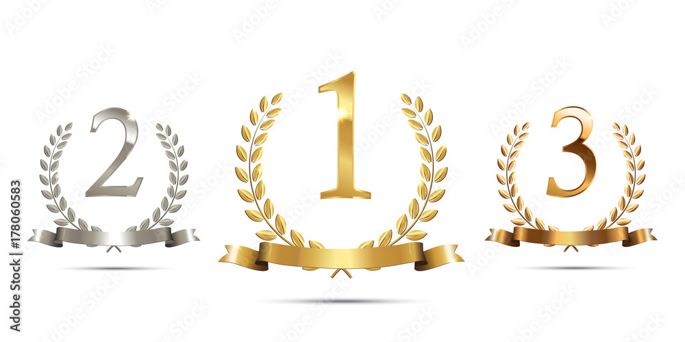Golden, silver and bronze laurel wreaths with ribbons and first, second and third place signs isolated on white background. Winner podium sports symbols. Vector illustration. - obrazy, fototapety, plakaty 