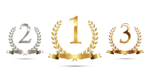 Wall Mural - golden, silver and bronze laurel wreaths with ribbons and first, second and third place signs isolat