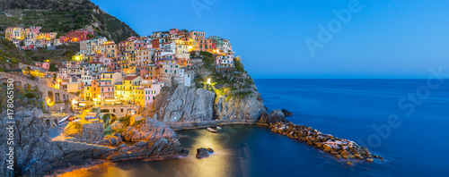 Photographie Manarola village one of Cinque Terre at night in La Spezia, Italy