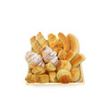 variety assortment of baked pastry products in a wicker or bread basket over white background
