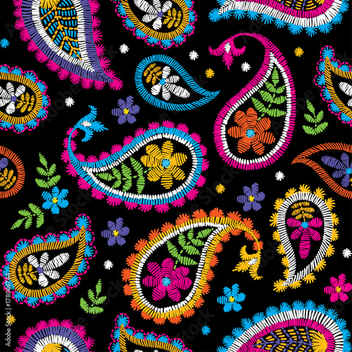 Cotton fabric Vector seamless decorative floral embroidery pattern, ornament for textile decor. Ethnic handmade style background design.