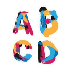 Fototapete - Hand drawn with ink brush strokes letters A, B, C and D. Bright watercolor blobs and imprints in vivid typography design