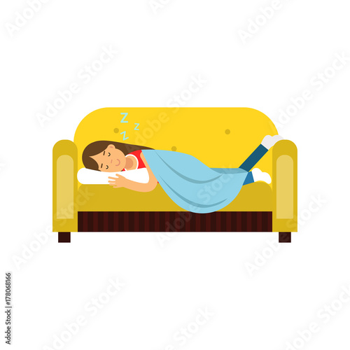 Young Woman Sleeping On The Sofa Under Blanket Relaxing Person Cartoon 