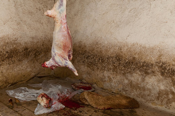 In a village killed a ram on a holiday the farmer removes the skin from the ram. Fresh carcass of sheep.