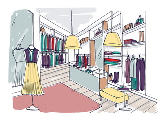 Sticker - Colored freehand drawing of trendy clothing boutique interior with furnishings, showcases, mannequins dressed in fashionable clothes. Hand drawn fashion store or showroom. Vector illustration.