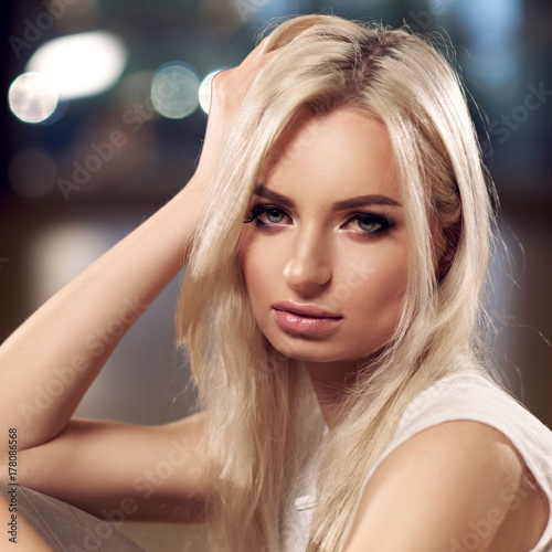 Half Body Portrait Of Beautiful Woman With Long Blonde Hair And