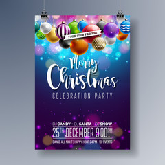 Wall Mural - Vector Merry Christmas Party Design with Holiday Typography Elements and Multicolor Ornamental Balls on Shiny Background. Celebration Fliyer Illustration. EPS 10.