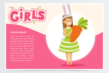 Poster - Girl with bunny ears and make up standing with carrot in hands