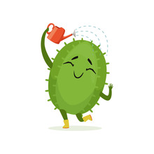 Cute Cactus Watering Itself From Red Watering Can, Funny Plant Character Cartoon Vector Illustration
