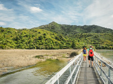 Two Backpackers Are Walking Into The Abel Tasman Coast Track In The South Island, New Zealand.