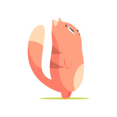 Sticker - Funny red cat standing up and looking up, cute cartoon animal character vector Illustration