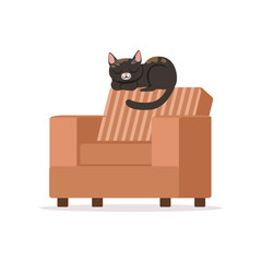 Sticker - Cute black red cat sleeping on a brown retro armchair, home pet resting vector Illustration