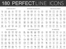 180 Modern Thin Line Icons Set Of Cyber Security, Network Technology, Web Development, Digital Marketing, Electronic Devices, 3d Modeling.