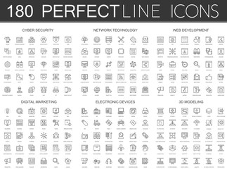 Poster - 180 modern thin line icons set of cyber security, network technology, web development, digital marketing, electronic devices, 3d modeling.