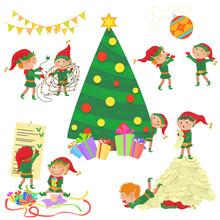 Vector Illustration Of Small Cute Elves Decorating Christmas Tree Set.