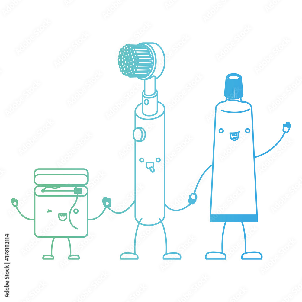 cartoon dental floss and electric toothbrush and toothpaste holding ...