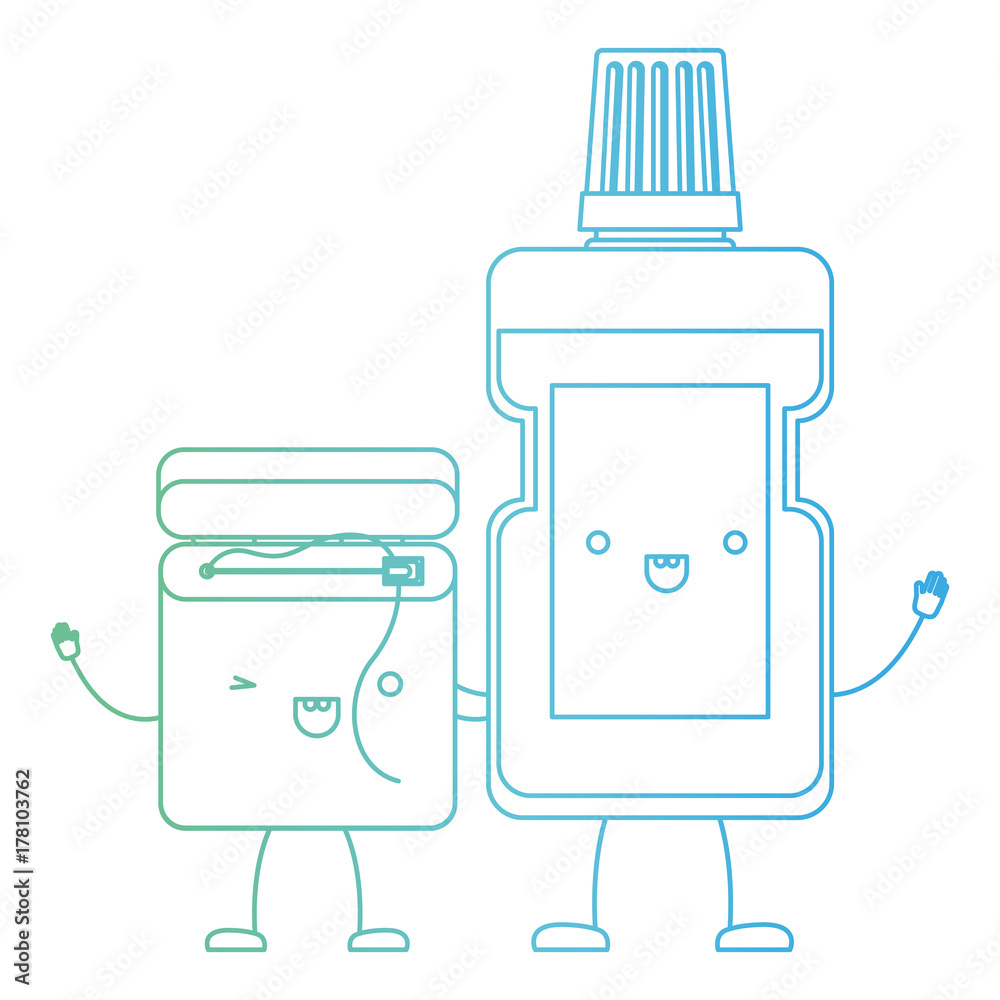 dental floss and mouthwash in cartoon holding hands in degraded green ...